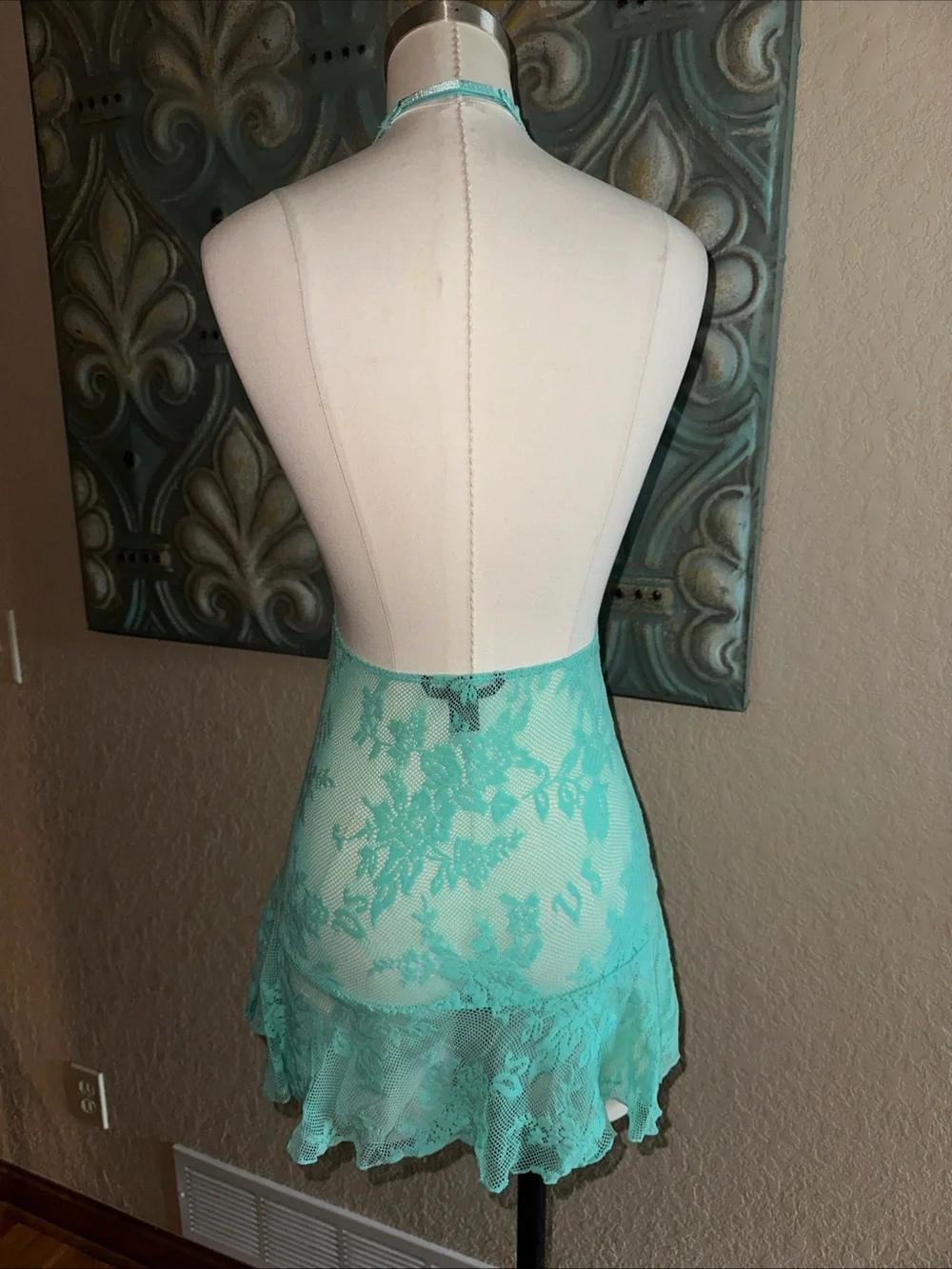 Victoria’s Secret Lace Halter Chemise Babydoll Aqua Open Back Lingerie S/P